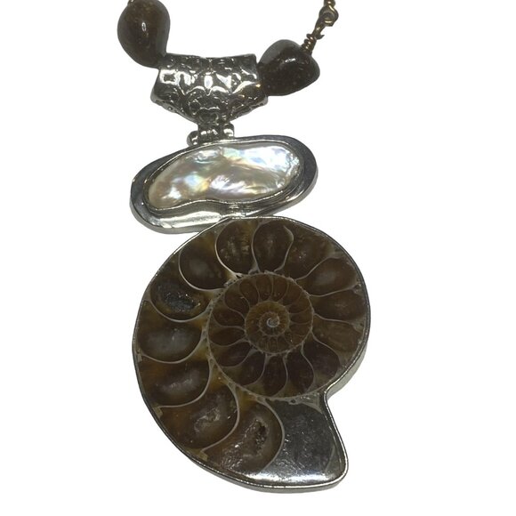 JMAX Handmade Ammonite Fossil & Mother of Pearl Silver Necklace Boho Nature - Picture 4 of 15